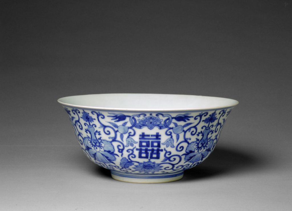 图片[1]-Blue and white double “Xi” character peach bat bowl-China Archive